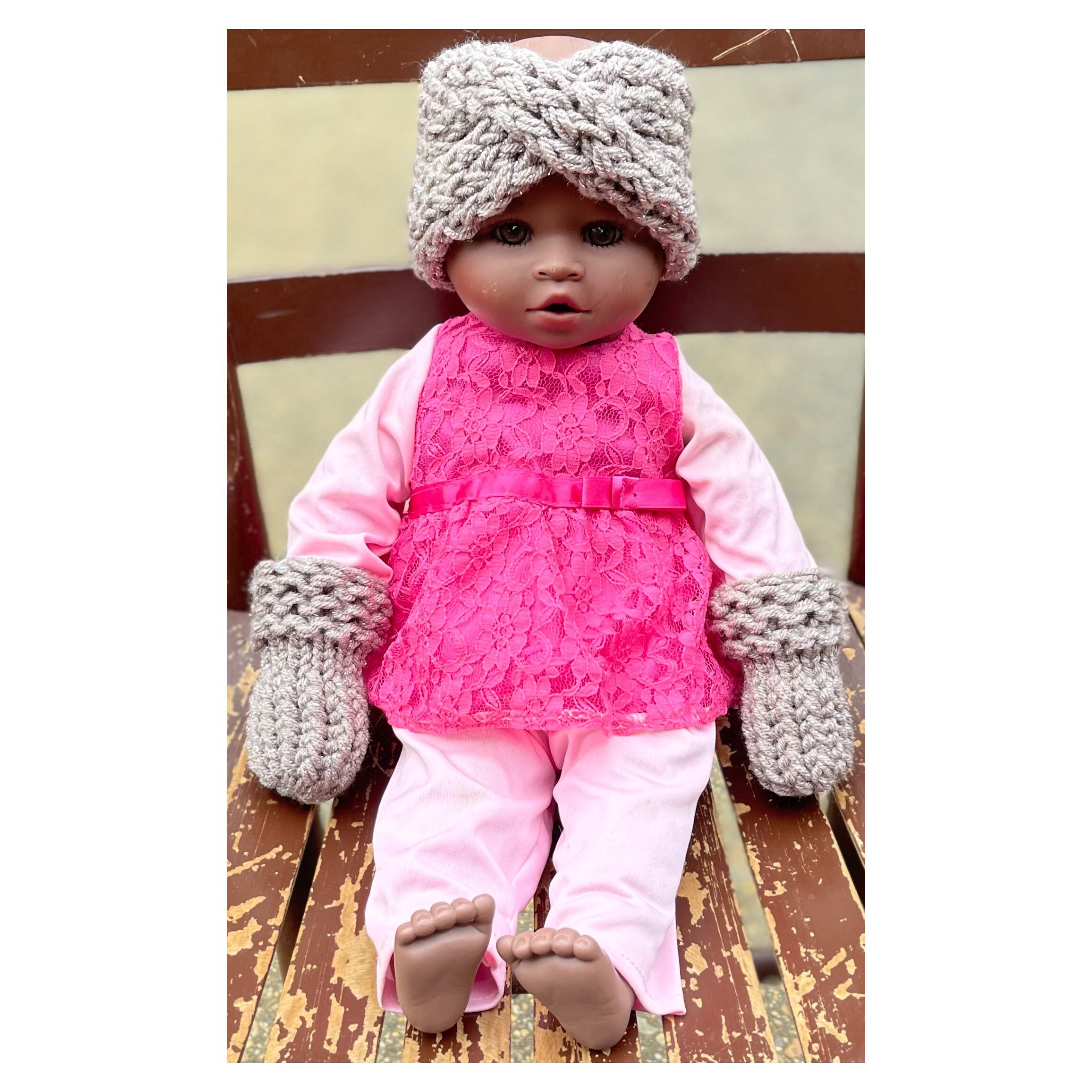 Taupe Waffle Baby Headband | Harper + Remi Hand Crafted Knit Baby Headband and Mittens set 0-3months Sparkly Gray Taupe main image 1