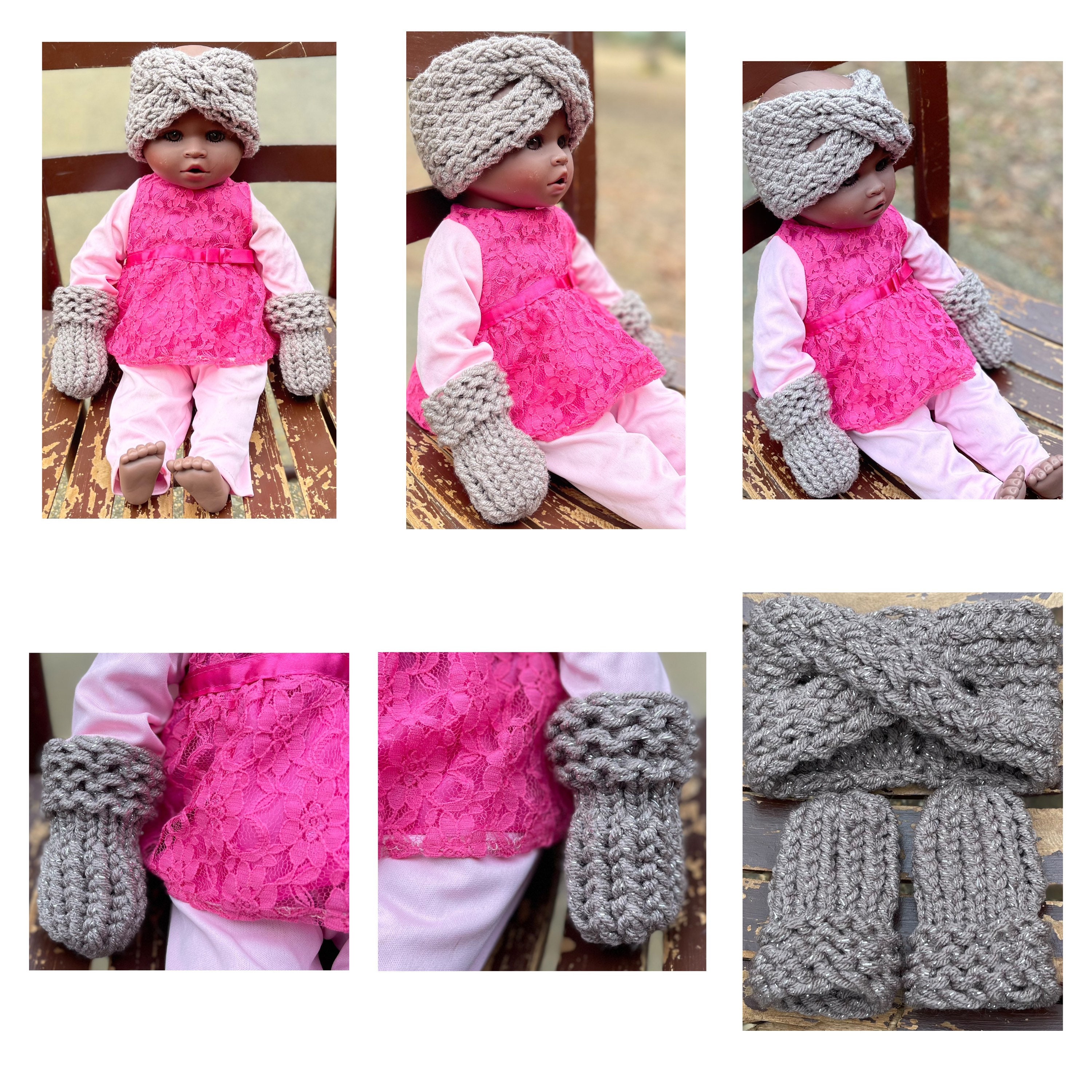 Taupe Waffle Baby Headband | Harper + Remi Hand Crafted Knit Baby Headband and Mittens set 0-3months Sparkly Gray Taupe display picture 1
