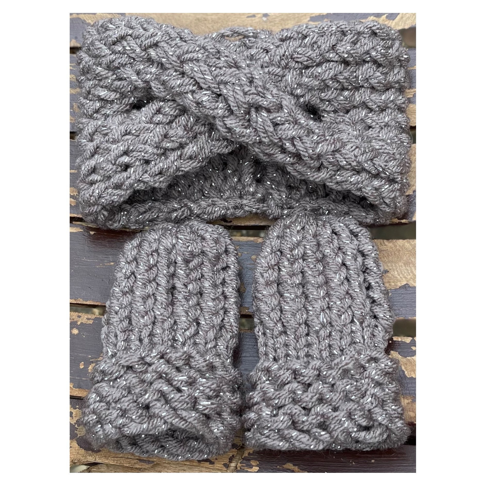 Taupe Waffle Baby Headband | Harper + Remi Hand Crafted Knit Baby Headband and Mittens set 0-3months Sparkly Gray Taupe main image 2