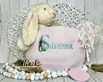 Peter Rabbit Easter Basket, Monogrammed Seersucker Pink Egg Bunny Bucket, Seersucker Easter Basket, Peter Rabbit Seersucker Easter Basket