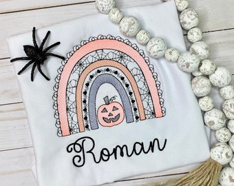 Kids Embroidered Halloween Shirt with Pumpkin, Kids Custom Embroidered Shirt, Boys Halloween Shirt, Halloween Shirt with Spiders, Spider Top