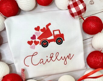 Kids Embroidered Valentine Shirt, Kids Valentine Shirt with Truck, Children's Valentine Shirt with Hearts, Personalized Kids Valentine Shirt