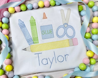 Boys Back To School Shirt with Name, Embroidered Back To School Shirt with Glue, Crayons, Pencil and Scissors, Back To School Shirt