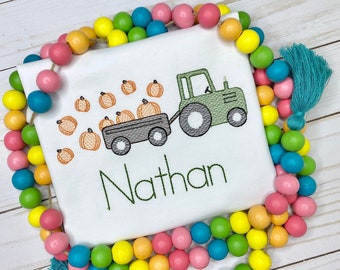 Personalized Embroidered Autumn Boys Shirt with Tractor, Boys Shirt with Tractor and Pumpkins, Boys Tractor Shirt, Fall Pumpkin Shirt
