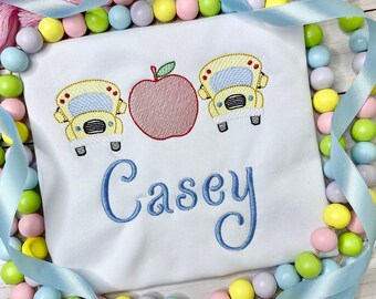 Boys Back to School Embroidered Shirt with School Bus and Apple, Back To School Shirt with Buses and Apple, Embroidered Back To School Top