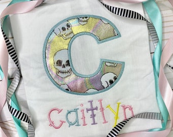 Children's Letter Halloween shirt, Kid's Letter Halloween Shirt, Embroidered Shirt, Customized Halloween Shirt, Skeleton Halloween Shirt