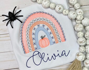 Kids Embroidered Halloween Shirt with Pumpkin, Kids Custom Embroidered Shirt, Girls Halloween Shirt, Halloween Shirt with Bows, Rainbow Top