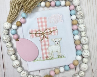 Girls Monogram Easter Shirt with Lamb, Kids Easter Shirt, Kids Embroidered Easter Shirt with Lamb and Cross, Embroidered Kids Easter Shirt