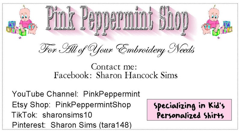 May include: A graphic for Pink Peppermint Shop, specializing in kid's personalized shirts. The shop's name is in pink with a shadow effect. The text "For All of Your Embroidery Needs" is below. Contact information for Facebook, YouTube, Etsy, TikTok, and Pinterest is included.
