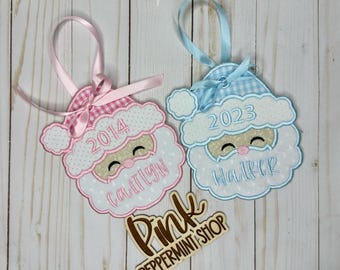 Embroidered Santa Ornament, Baby's first Christmas, Santa Claus Ornament, Family Christmas Ornament, Personalized Heirloom Ornament