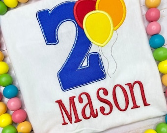 Boys 2 Custom Embroidered Birthday Shirt with Balloons,  Kids 2 Custom Embroidered Shirt, Toddlers Balloon Custom Embroidered  Shirt