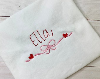 Hearts and Bow Embroidered Kids Shirt, Custom Girls Heart T shirt, Personalized Holiday Valentines Shirt, Heart and Bow Embroidered Kids Top
