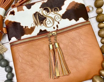 Personalized Cow Print Purse, Personalized Cow Print Crossbody, Monogramed Cow Print Wristlet, Monogram Cow Print Bag