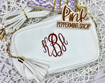 Crossbody Shoulder Purse, Monogramed Purse, White Purse, Embroidered Monogram Purse, Monogrammed Crossbody Purse, Embroidered Brown Purse