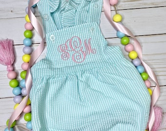 Girls Embroidered Seersucker Bubble Romper with Monogram, Personalized Bubble Sun Romper, Custom Bubble Romper, Girls Bubble Jumpsuits