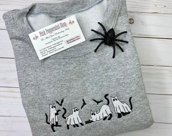 Embroidered Spooky Cat and Bat Crewneck Sweatshirt, Ghost Cat Crewneck, Embroidered Cat Crewneck, Bats and Cats Crewneck, Halloween Crewneck