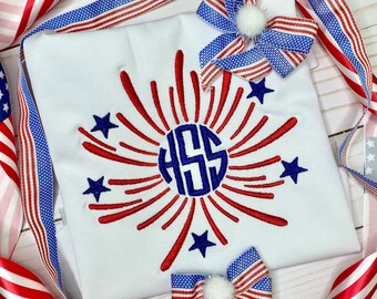 Patriotic Fireworks Monogram Girls Shirt, Embroidered Patriotic Kids Shirt, Independence Kids Shirt, 4th Of July Shirt, Red white blue shirt