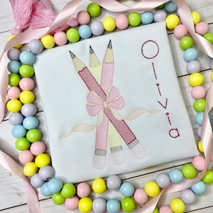 Pencils Bundle with Bow Embroidery Design, Girls Back to School Shirt with Pencils and Bow, Embroidered Back To School Shirt