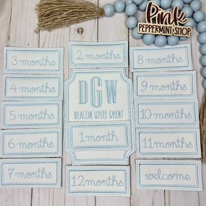 May include: A set of baby milestone photo props with embroidered text in light blue. The set includes rectangular and shaped pieces with months 1-12, a welcome sign, and a central piece with initials and a name. The shop name "Pink Peppermint Shop" is also visible.