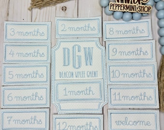Monthly Milestone Monogram Plaque and Name Plates, Baby Milestone Keepsake, Embroidered Baby Milestone Card, Custom Baby Milestone Card