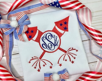 Patriotic Fireworks Monogram Girls Shirt, Embroidered Patriotic Kids Shirt, Independence Kids Shirt, 4th Of July Shirt, Red white blue shirt