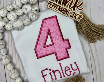Pink Flower Embroidered Birthday Shirt, Girls PInk Number Birthday Shirt, Number Shirt, Name Shirt, Birthday Name Shirt, Birthday Number