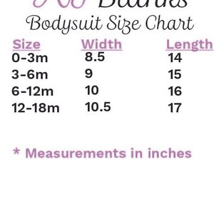 May include: A chart from AJ Blanks displaying bodysuit size measurements in inches. Sizes range from 0-3 months to 12-18 months, with corresponding width and length measurements. The text "Measurements in inches" is at the bottom.