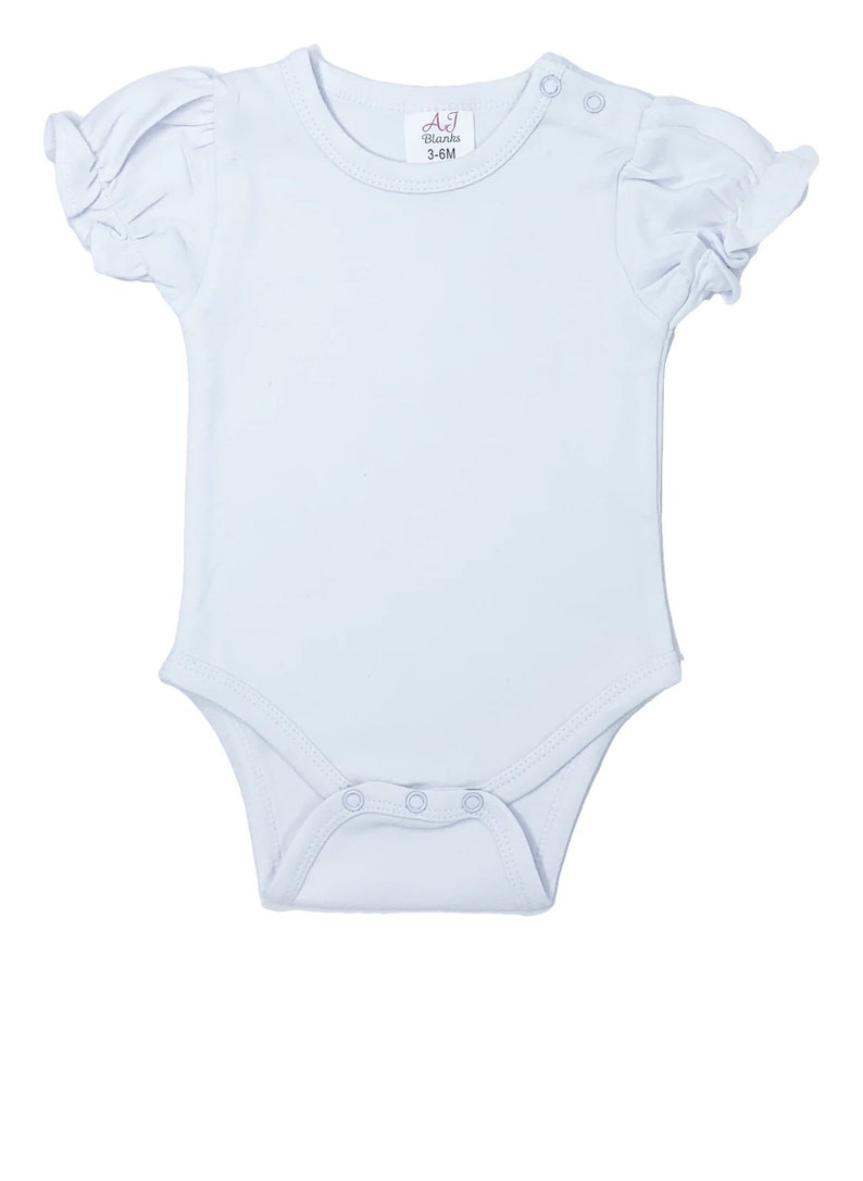May include: A light blue baby bodysuit with short, ruffled sleeves. The bodysuit has snap closures at the bottom and on the shoulder. A small tag on the neckline reads "AJ Blanks 3-6M".