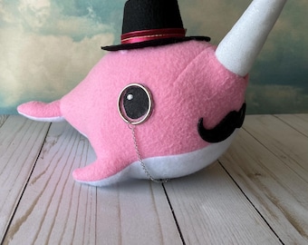 Fancy Narwhal Plushie – Handmade  Stuffed Animal Top Hat Customizable Plush Dapper Kawaii