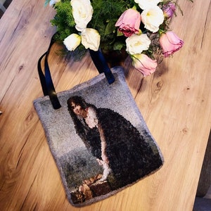 Vintage tote bag. Wool felt shoulder bag with vintage picture of a woman.  Gothic style tote bag