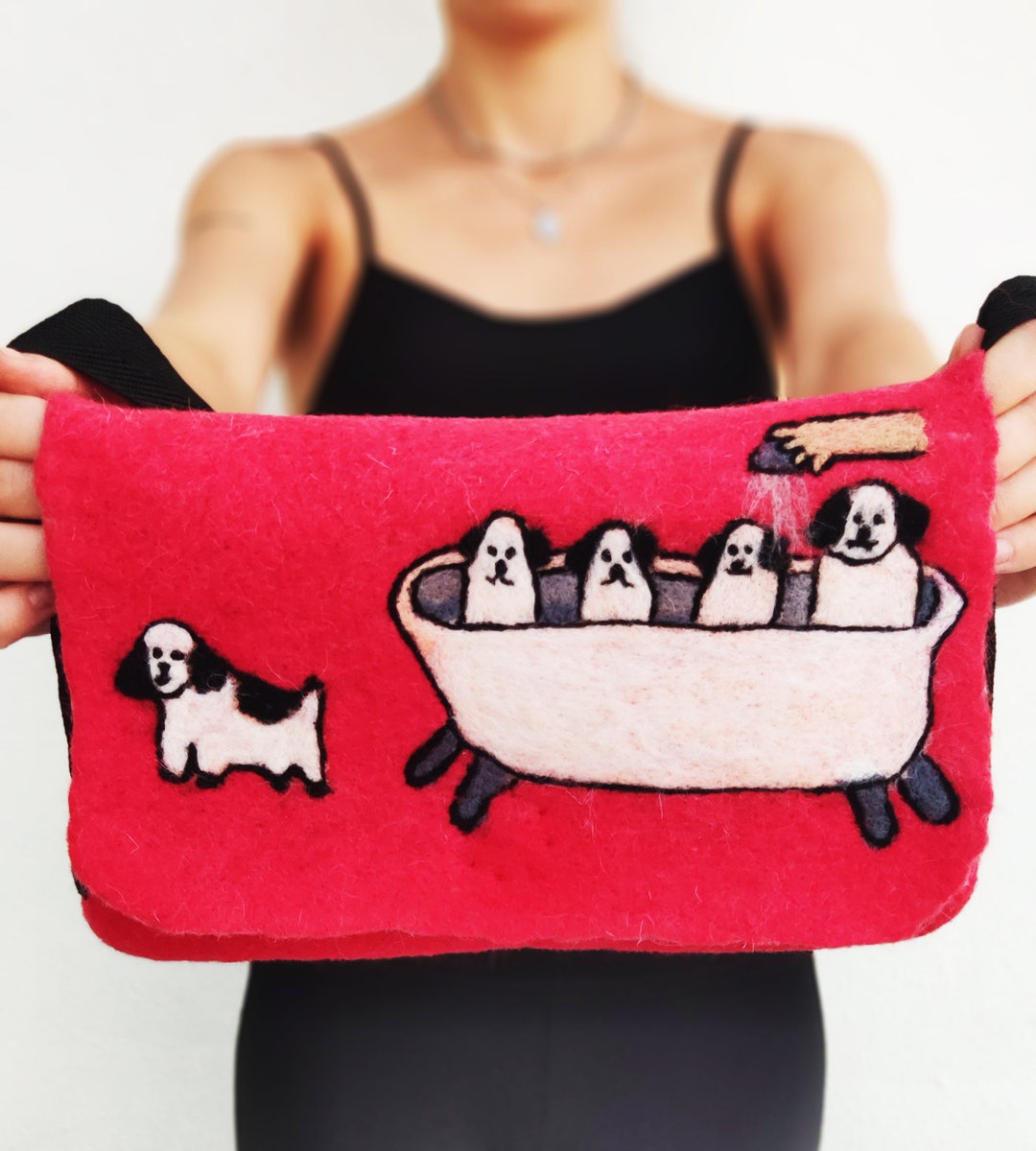 Funny Felted Bag, Wool Purse, Dogs Pattern. Cross Body Purse, Red Bag