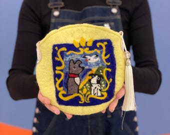 Bolso de lana de fieltro hecho a mano: Monedero redondo con forma de perro de fieltro con aguja