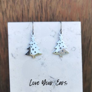 Titanium Christmas Earrings Grade 1 Titanium Hooks Hypoallergenic Stainless Steel Tree Minimal Festive 3cm long total LOVEYOUREARSshop