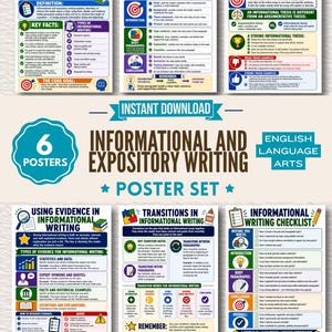 May include: A set of six educational posters titled Informational and Expository Writing. The posters feature colorful graphics, icons, and text explaining essay structure, thesis statements, evidence, transitions, and a writing checklist.