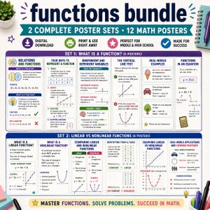 May include: A functions bundle educational poster set featuring two sets of six math posters. The posters display text, graphs, and diagrams explaining relations, functions, independent and dependent variables, and linear versus nonlinear functions.