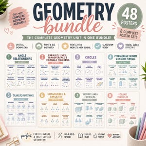 May include: A geometry bundle educational poster set featuring 48 posters across 8 units including angle relationships, parallel lines, circles, Pythagorean theorem, transformations, congruence, surface area, and volume formulas with clear diagrams.