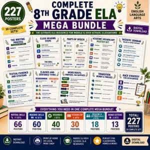 May include: A digital download bundle of 227 educational posters for 8th grade English Language Arts. The collection includes 38 sets covering writing processes, parts of speech, academic vocabulary, Socratic seminars, and grammar strategies.