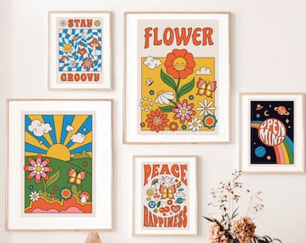 Conjunto de 5 pôsteres vintage incríveis dos anos 60, arte hippie floral boho dos anos 70, arte retrô psicodélica dos anos 80 para imprimir, download instantâneo.