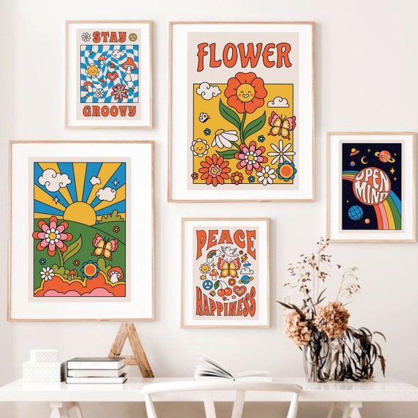 Conjunto de 5 carteles Groovy Vintage 1960s, Hippie Floral Boho 1970s Art, 1980s Psychedelic Style Retro Printable Art, Instant Download