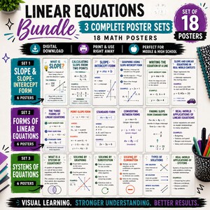 Pacote de Equações Lineares: 3 Conjuntos de Pôsteres de Matemática, 18 Pôsteres para Sala de Aula, Recursos para Professores do Ensino Fundamental II e Ensino Médio, Download Digital