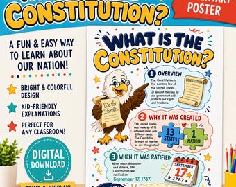 May include: An educational poster titled What Is The Constitution? featuring a cartoon bald eagle, numbered sections explaining the overview, creation, and ratification date of September 17, 1787, with colorful graphics and text about United States law.