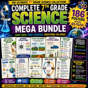 Könnte beinhalten: Eine digitale Sammlung von Lehrpostern mit dem Titel The Ultimate 7th Grade Science Collection Complete Science Mega Bundle. Sie enthält 186 Poster in 65 Dateien zu Themen wie natürliche Selektion, Atomstruktur und Plattentektonik.