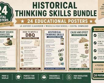 May include: A set of 24 educational posters on historical thinking skills. Topics include primary source analysis, DBQ writing, historical thinking, and cause and effect. Digital download for print and display, ideal for classrooms.
