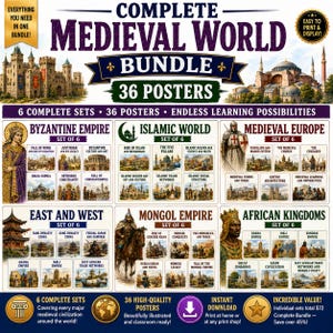 Op de afbeelding: Een digitale bundel van 36 educatieve posters genaamd Complete Medieval World Bundle. De collectie bevat zes sets over het Byzantijnse Rijk, de Islamitische wereld, Middeleeuws Europa, Oost en West, het Mongoolse Rijk en Afrikaanse koninkrijken.