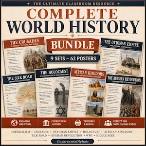 Komplett världshistoriskt paket med 9 set Imperialism Korstågen Ottomanska Förintelsen Afrikanska kungadömen Sidenvägen Mellanstadiet Gymnasiet AP World Utskrivbart