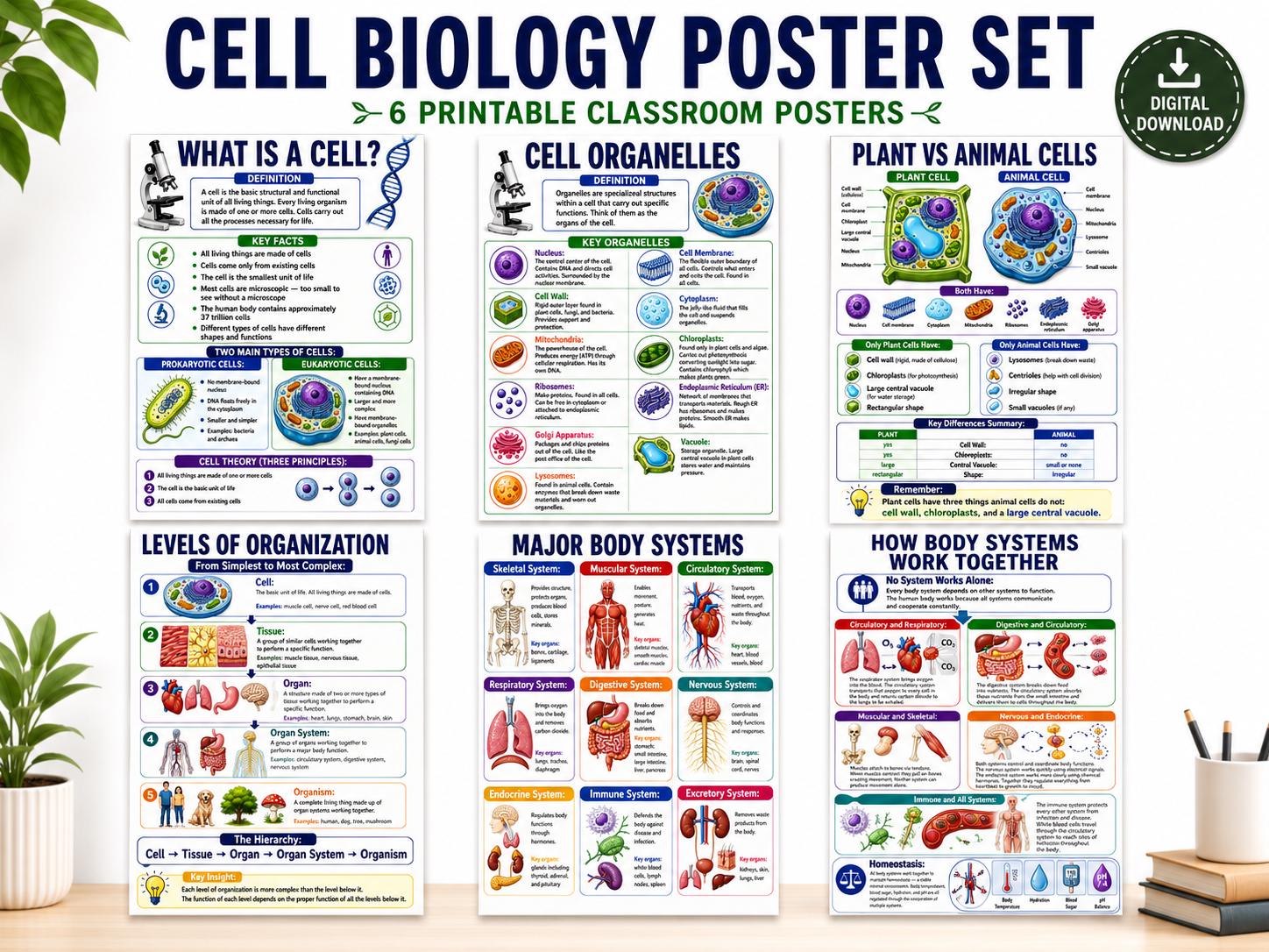 Cells and Body Systems Poster Set 6 Science Classroom Posters Middle High School Teacher Resources Digital Download