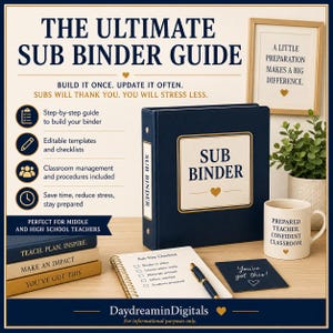 May include: A dark blue three-ring binder labelled Sub Binder with a matching notebook, a pen, and a white mug with the text Prepared Teacher. Confident Classroom. The display includes text about a sub binder guide and a framed inspirational quote.