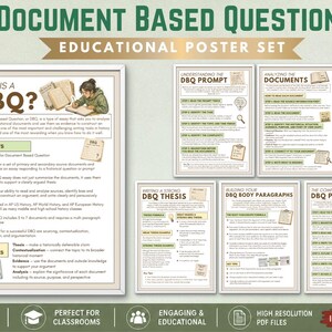 May include: Educational poster set titled "Document Based Question" with six posters. The posters cover topics like understanding prompts, analyzing documents, and writing thesis statements. The set includes the text "Instant Download" and "Print & Display".