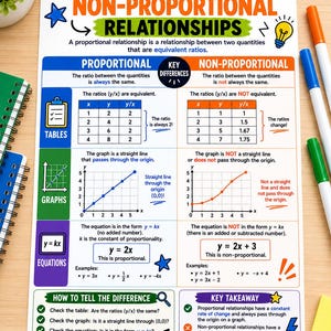 Könnte beinhalten: Ein Lehrplakat mit dem Titel Proportional vs. Non-Proportional Relationships. Es enthält Tabellen, Grafiken und Gleichungen, die die beiden Konzepte mit blauen, orangefarbenen und grünen Akzenten vergleichen. Der Text erklärt Verhältnisse, konstante Änderungsraten sowie lineare und nichtlineare Funktionen mit klaren Beispielen und Diagrammen.