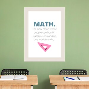 Pu&ograve; includere: Un poster stampabile con sfondo bianco e testo blu e bianco che recita "MATH. L'unico posto dove le persone possono acquistare 84 angurie e nessuno si chiede perch&eacute;." Un goniometro rosa &egrave; mostrato sotto il testo.